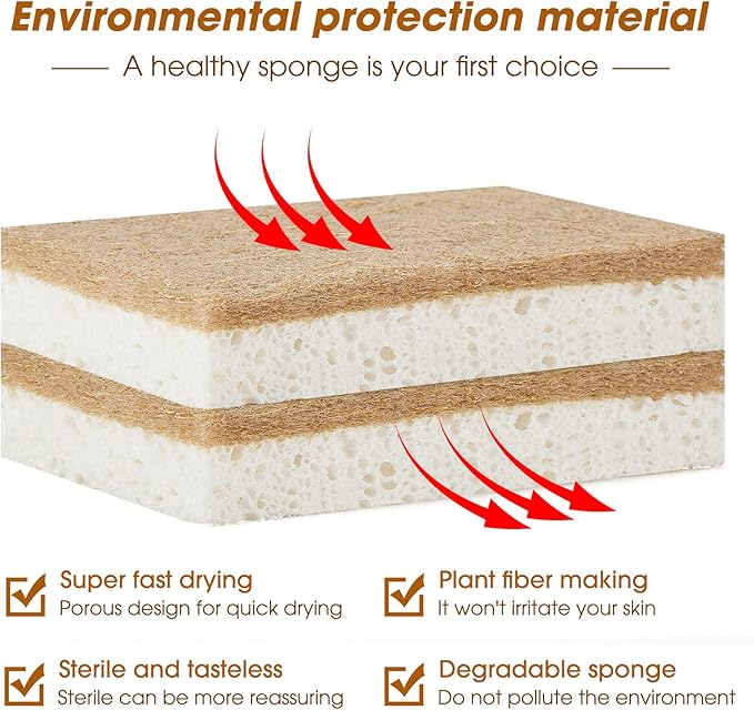 10 Pack Nature Dish Sponge - Natural Kitchen Sponge - Coconut Fiber and Wood Cellulose Scrubber