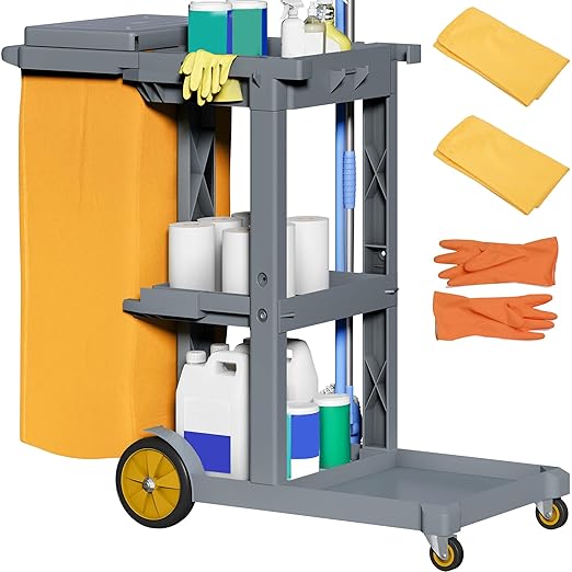 YITAHOME Janitorial Cart Cleaning Carts on Wheels, Gray Housekeeping Cart, 3 Shelf Commercial Plastic Janitor Carts, with 2 Yellow 25 Gallon Vinyl Bag & Rubber Gloves for Restaurant Hotel Home