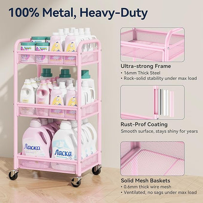YASONIC 3 Tier Rolling Cart – Metal Utility Storage Cart with Wheels, Craft Cart Organizer with Hanging Cups, Hooks, Mesh Basket for Bedside Kitchen Office Art, Pink