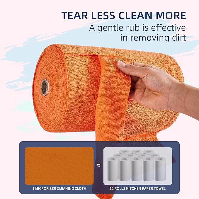 & PLUSH Microfiber Cleaning Cloth Roll - 85 Pack, Tear Away Microfiber Towels, 12" x 12", Reusable, Washable, Streak Free, Ultra Absorbent Dish Rags for Car, Home, Garage or Shop (Orange)