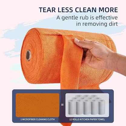 & PLUSH Microfiber Cleaning Cloth Roll - 85 Pack, Tear Away Microfiber Towels, 12" x 12", Reusable, Washable, Streak Free, Ultra Absorbent Dish Rags for Car, Home, Garage or Shop (Orange)