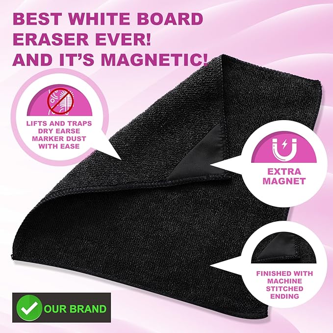Tudomro 30 Pcs Magnetic Cleaning Cloth Dry Erasers Bulk for White Boards with Most Whiteboards Dry Eraser Reusable Microfiber Cloth Eraser, Home Office, 10'' x 10''(Black)