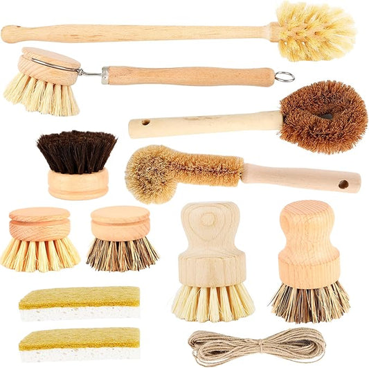 12 Pcs Bamboo Dish Brush Set with 65 Ft Hemp Rope Wooden Palm Pot Brush Natural Scrubbers Brushes Sisal Bristles for Pans, Bottle, Sink Kitchen Cleaning