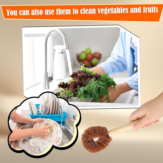 12 Pcs Bamboo Dish Brush Set with 65 Ft Hemp Rope Wooden Palm Pot Brush Natural Scrubbers Brushes Sisal Bristles for Pans, Bottle, Sink Kitchen Cleaning