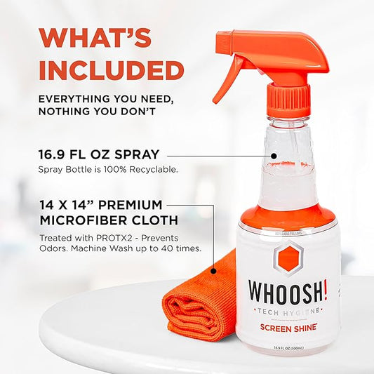WHOOSH! Screen Shine Pro 16.9 fl oz Refillable Screen Cleaner for TV, OLED, and Monitors – Streak-Free Spray with Microfiber Cloth – Safe for Flat Screen, LCD, Smart Displays – Non-Toxic and Odorless