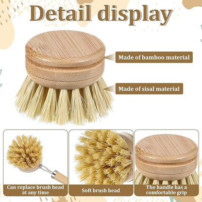 6 Pcs Bamboo Dish Brush Replacement Heads, 1.9 x 1.6 Inch Natural Sisal Bristle Scrubber Wooden Kitchen Dish Brushes for Pots, Pans, Bowls, Dishes Cleaning