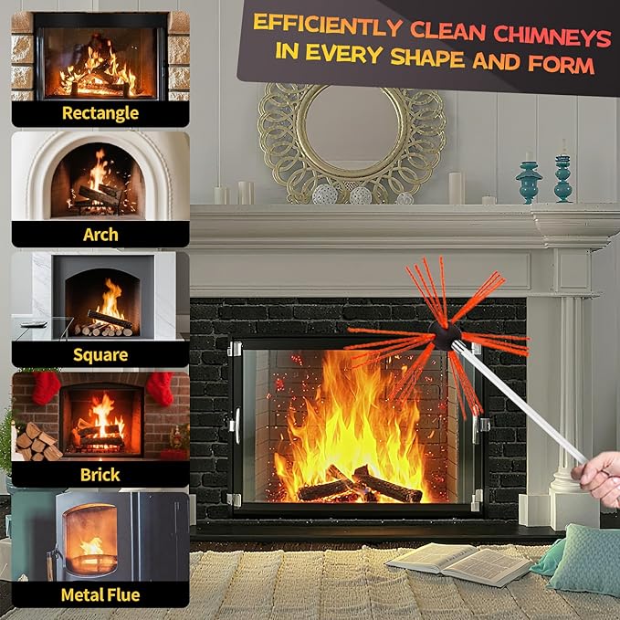 16 Feet Chimney Sweep Kit, Chimney Cleaning Kit with 5 Flexible Chimney Rods, Rotary Chimney Cleaning System Driven by Drill for Sweeping Fireplace, Chimney Cleaners with Strong Brush