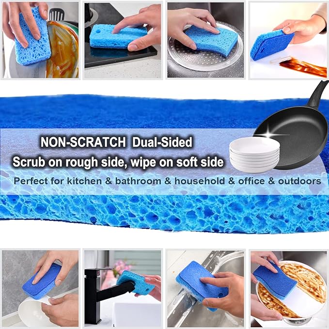 METUUTER 12-Count Scrub Sponges Kitchen Sponge Heavy Duty, Cellulose Sponges with Scouring Pads Dual-Sided for Kitchen and Household Use (Square-Blue)