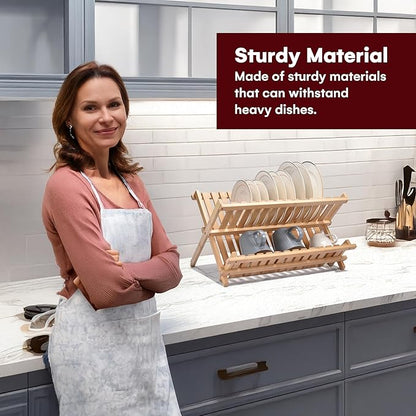 Vdomus Bamboo Dish Drying Rack - Foldable Dish Rack for Kitchen - Collapsible & Compact Wooden Plate Holder - Eco-Friendly & Functional Wood Dryer Rack for Plates - Space-Saving Storage Organizer