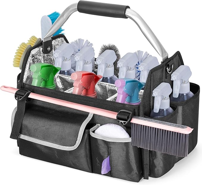 Wearable Cleaning Caddy Organizer, Cleaning Supplies Bag with Divider & Support Pad, Cleaner Tote with Handle & Detachable Shoulder Strap, Housekeeping Storage Box with Multi Pockets, Bag Only