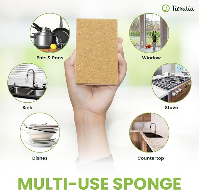 Tieralia Natural Dish Sponge Set – 6-Pack Eco-Friendly & Compostable Scrubbers | Cellulose & Sisal | Non-Toxic, Odor-Free, Reusable Kitchen Sponges for Dishes, Sink, Pots & Pans
