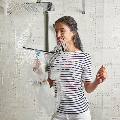 Scrub Brush Set of 6 pcs - Red or Blue Randomly Color, Cleaning Shower Scrubbers with Squeegee for Shower Glass & Adhesive Wall Hooks Including Grout Cleaner Brush for Cleaning Bathroom, Tile