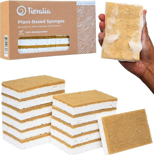 Tieralia Natural Dish Sponge Set – 12-Pack Eco-Friendly & Compostable Scrubbers | Cellulose & Sisal | Non-Toxic, Odor-Free, Reusable Kitchen Sponges for Dishes, Sink, Pots & Pans