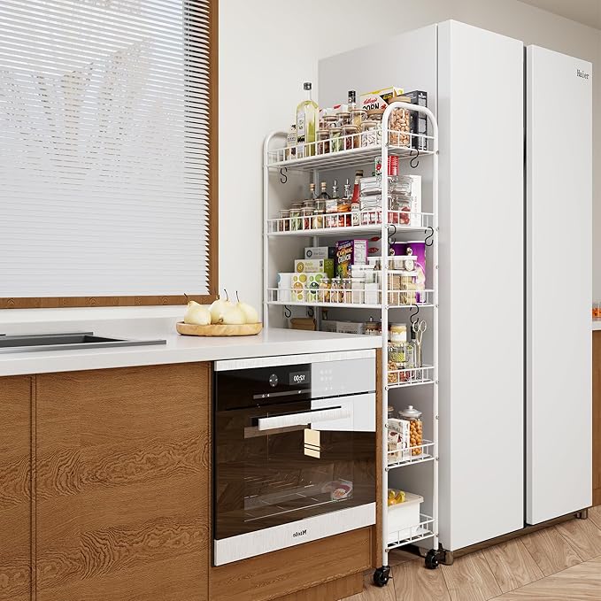 6 Tier Slim Rolling Storage Cart with Wheels, Metal Mobile Shelving Unit Organizer Utility Cart for Office Bathroom Kitchen Laundry Room Narrow Places (White 10 Inches)