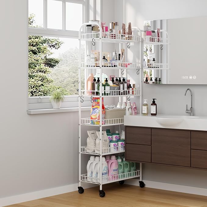 6 Tier Slim Rolling Storage Cart with Wheels, Metal Mobile Shelving Unit Organizer Utility Cart for Office Bathroom Kitchen Laundry Room Narrow Places (White 10 Inches)