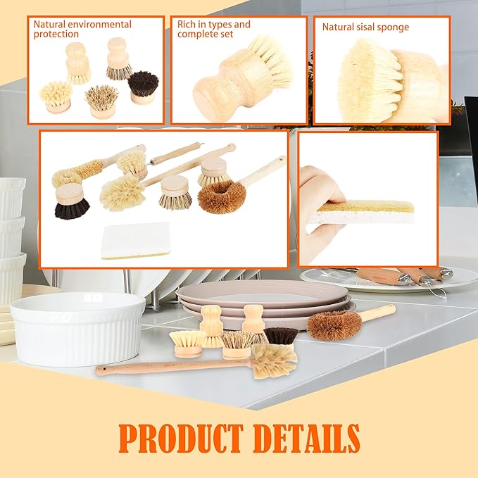 12 Pcs Bamboo Dish Brush Set with 65 Ft Hemp Rope Wooden Palm Pot Brush Natural Scrubbers Brushes Sisal Bristles for Pans, Bottle, Sink Kitchen Cleaning