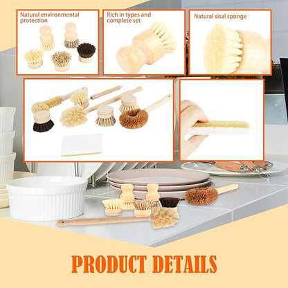 12 Pcs Bamboo Dish Brush Set with 65 Ft Hemp Rope Wooden Palm Pot Brush Natural Scrubbers Brushes Sisal Bristles for Pans, Bottle, Sink Kitchen Cleaning