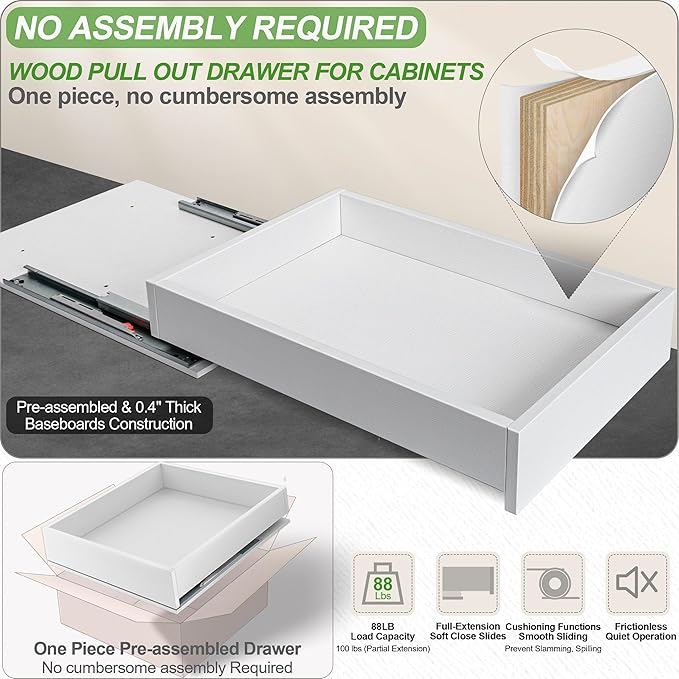 MyLifeUNIT Wooden Pull Out Drawers for Cabinets, 18"W Fully Assembled Pull-Out Cabinet Organizer Shelves, Soft Close Slide Out Drawer for Kitchen Cabinet