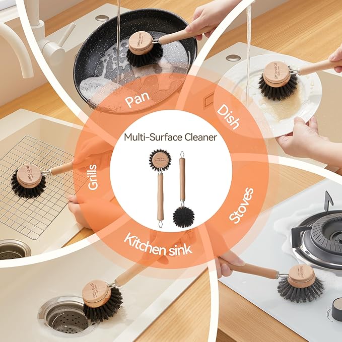 Wooden Dish Brush Natural Bristle Pot Pan Bowl Scrubber Brush - Non-Scratch, Grease Absorbent, Household Cleaning Brushes Gentle for Non-Stick & Cast Iron Cookware- Cleaning Tool Set of 2