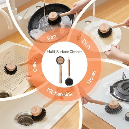 Wooden Dish Brush Natural Bristle Pot Pan Bowl Scrubber Brush - Non-Scratch, Grease Absorbent, Household Cleaning Brushes Gentle for Non-Stick & Cast Iron Cookware- Cleaning Tool Set of 2