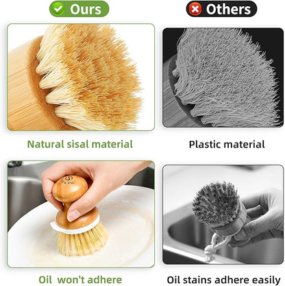 SUBEKYU Bamboo Dish Brush, Kitchen Dish Scrubber Brush with Soap Dispenser, Natural Wooden Dishwashing Brush for Cleaning Dishes/Pans/Pots, Built-in Scraper, Sisal Bristles,1 Set