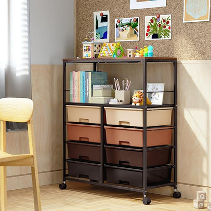 Rolling cart with 8 drawers,Storage drawer cart with wooden tabletop,Lockable wheels organizer for homeschool, arts & crafts, classroom, office & creative spaces (Brown)