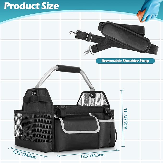 Wearable Cleaning Caddy Organizer, Cleaning Supplies Bag with Divider & Support Pad, Cleaner Tote with Handle & Detachable Shoulder Strap, Housekeeping Storage Box with Multi Pockets, Bag Only