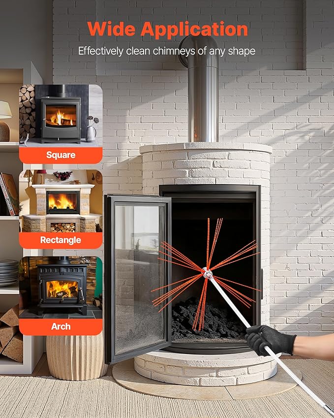 VEVOR Chimney Sweep Kit, 30 ft Maximum Extendable Length Chimney Sweep, Chimneys Cleaning Kit with Bristle Replacements & Goggles, 90° Bendable Fireplace Cleaning Tool, for Square, Rectangle Chimneys
