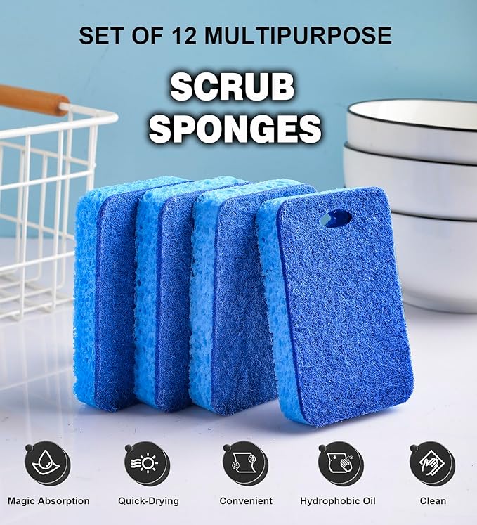 METUUTER 12-Count Scrub Sponges Kitchen Sponge Heavy Duty, Cellulose Sponges with Scouring Pads Dual-Sided for Kitchen and Household Use (Square-Blue)