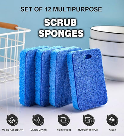 METUUTER 12-Count Scrub Sponges Kitchen Sponge Heavy Duty, Cellulose Sponges with Scouring Pads Dual-Sided for Kitchen and Household Use (Square-Blue)