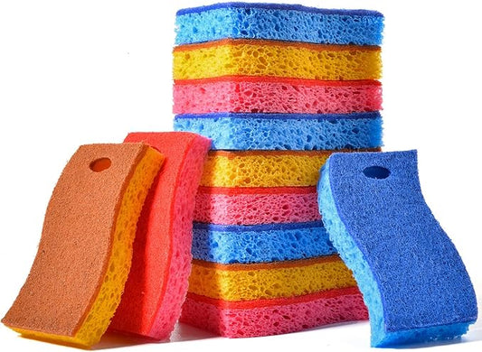METUUTER 12-Count Scrub Sponges Kitchen Sponge Heavy Duty, Cellulose Sponges with Scouring Pads Dual-Sided for Kitchen and Household Use (S-Multi)