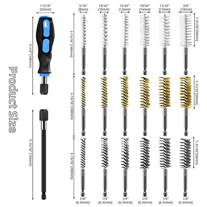 18Pcs Wire Brush Drill Attachments, Nylon, Brass, Stainless Steel Wire Brush Bore Cleaning Brush Set for Power Drill Impact Driver,Abrasive Drill Wire Brush with 1/4" Hex Shank and Tool Bag