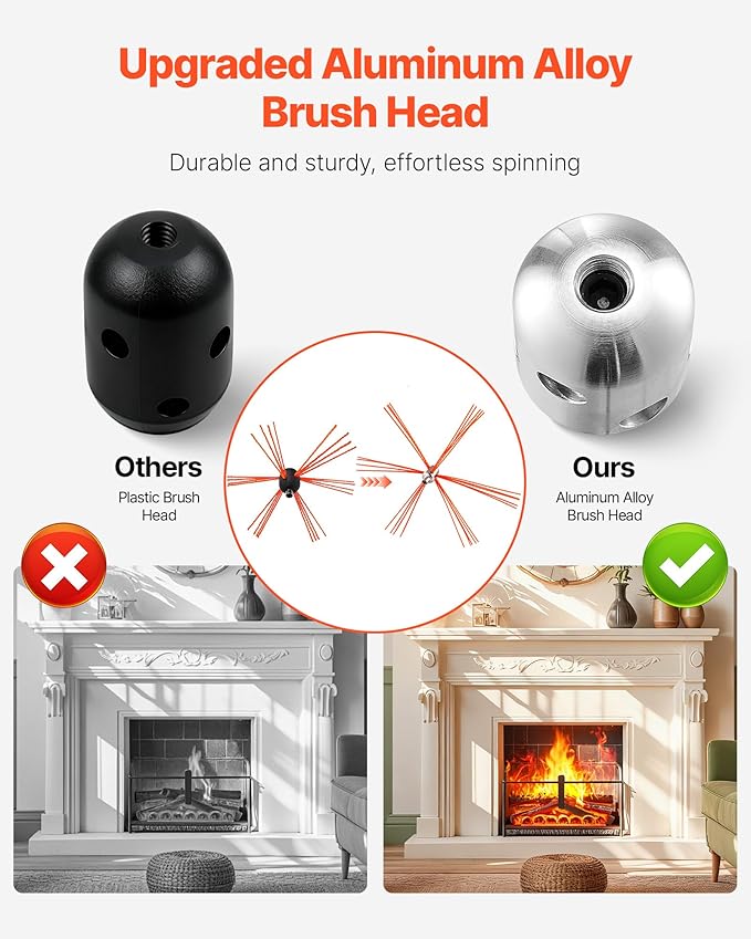 VEVOR Chimney Sweep Kit, 39 ft Maximum Extendable Length Chimney Sweep, Chimneys Cleaning Kit with Bristle Replacements & Goggles, 90° Bendable Fireplace Cleaning Tool, for Square, Rectangle Chimneys