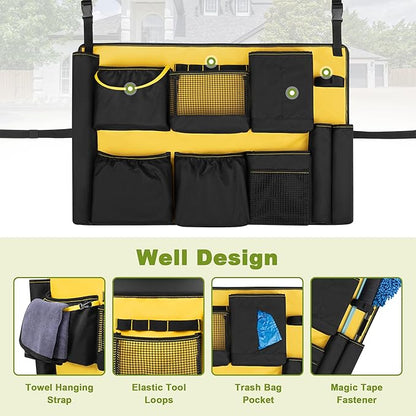 32-55 Gallon Trash Can Caddy Bag, Garbage Bin Apron Caddy with Multiple Pockets for Cleaning Supplies, Cleaning Tool Organizer with Adjustable Buckle for Janitorial Trash Can, Black+Yellow
