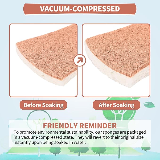 HOMERHYME Natural Dish Sponge 24 Pack, Non-Scratch Scrub Sponge, Eco Multipurpose Kitchen Sisal Fiber Cellulose Sponge, Odor-Less Dual-Sided for Dish Washing & Household Cleaning