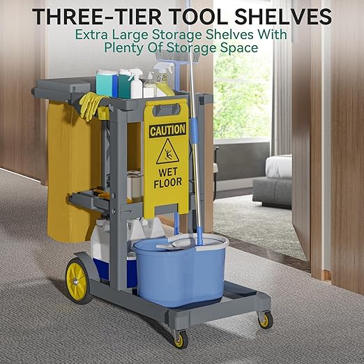 YITAHOME Janitorial Cart Cleaning Carts on Wheels, Gray Housekeeping Cart, 3 Shelf Commercial Plastic Janitor Carts, with 2 Yellow 25 Gallon Vinyl Bag & Rubber Gloves for Restaurant Hotel Home