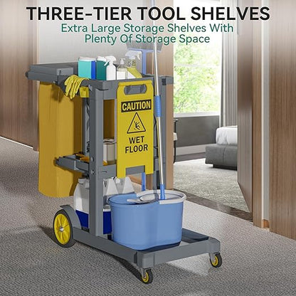YITAHOME Janitorial Cart Cleaning Carts on Wheels, Gray Housekeeping Cart, 3 Shelf Commercial Plastic Janitor Carts, with 2 Yellow 25 Gallon Vinyl Bag & Rubber Gloves for Restaurant Hotel Home