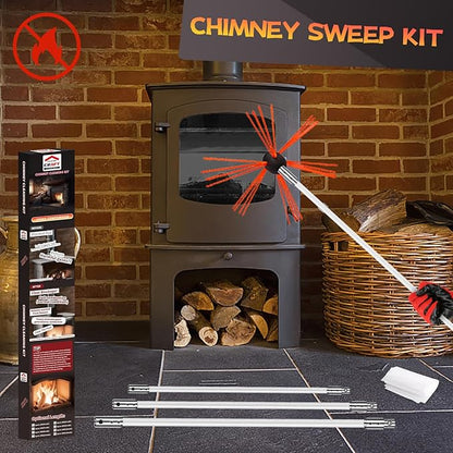 16 Feet Chimney Sweep Kit, Chimney Cleaning Kit with 5 Flexible Chimney Rods, Rotary Chimney Cleaning System Driven by Drill for Sweeping Fireplace, Chimney Cleaners with Strong Brush