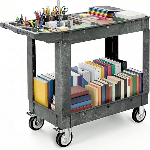 DWVO 2 Tier Utility Cart on Wheels, 550 lbs 2 Shelf Heavy Duty Plastic Rolling Carts, 40 x 17 in Plastic Tool Cart Work Cart with Locking Swivel Wheels & Handle for Warehouse Garage School & Office