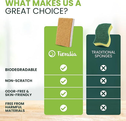 Tieralia Natural Dish Sponge Set – 6-Pack Eco-Friendly & Compostable Scrubbers | Cellulose & Sisal | Non-Toxic, Odor-Free, Reusable Kitchen Sponges for Dishes, Sink, Pots & Pans
