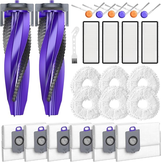 25-Pack Freo Z10 Replacement Parts Accessories for Narwal Freo Z10 / Freo Z10 Ultra Vacuum Cleaner, Include 2 Roller Brushes, 6 Side Brushes, 4 Filters, 6 Mop Pads, 6 Dust Bags and 1 Cleaning Brush