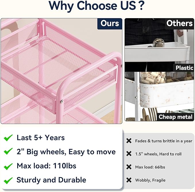 YASONIC 3 Tier Rolling Cart – Metal Utility Storage Cart with Wheels, Craft Cart Organizer with Hanging Cups, Hooks, Mesh Basket for Bedside Kitchen Office Art, Pink