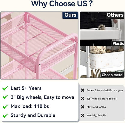 YASONIC 3 Tier Rolling Cart – Metal Utility Storage Cart with Wheels, Craft Cart Organizer with Hanging Cups, Hooks, Mesh Basket for Bedside Kitchen Office Art, Pink