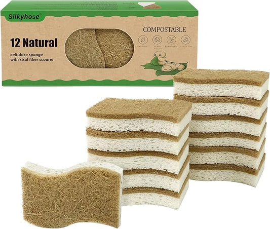 12 Pack Non Scratch S-Shaped Natural Kitchen Sponges - Biodegradable & Compostable Cellulose with Coconut Fiber - Eco Friendly Dish Sponges for Pots, Pans & Household Cleaning