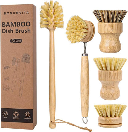 5 Pack Bamboo Dish Brush Set, Wooden Dish Brush with 14’’ Bottle Brush, Natural Kitchen Scrub Brush for Dishes Pots, Pans, Sinks, Woks, Vegetables