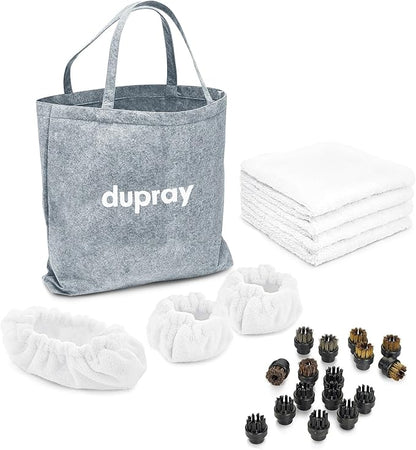 Dupray Steam Cleaning Pack Pro, 24-Piece Accessory Kit for Dupray Steam Cleaners, Microfiber Cloths & Bonnets, Nylon Brass Horsehair Stainless Brushes, Felt Storage Bag