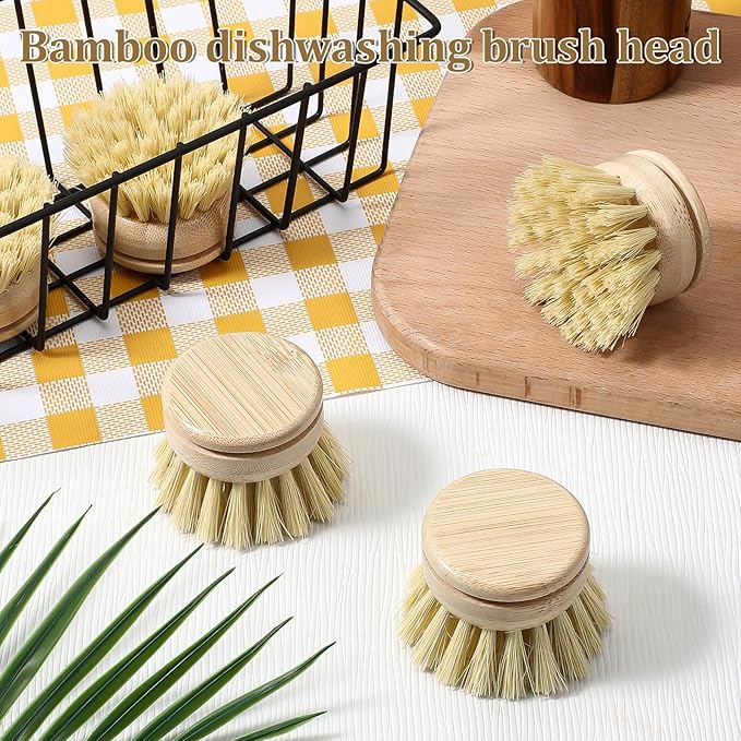 6 Pcs Bamboo Dish Brush Replacement Heads, 1.9 x 1.6 Inch Natural Sisal Bristle Scrubber Wooden Kitchen Dish Brushes for Pots, Pans, Bowls, Dishes Cleaning
