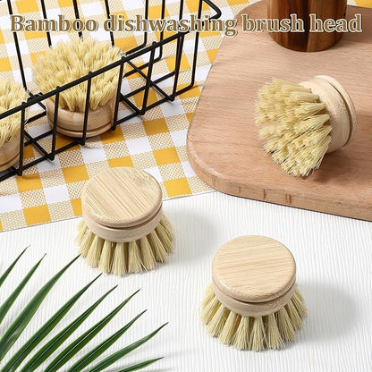 6 Pcs Bamboo Dish Brush Replacement Heads, 1.9 x 1.6 Inch Natural Sisal Bristle Scrubber Wooden Kitchen Dish Brushes for Pots, Pans, Bowls, Dishes Cleaning