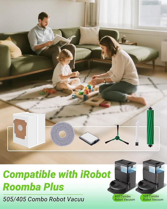 18 Pcs Replacement Parts for iRobot Roomba Plus 505/405 Combo Robot Vacuum Cleaner, Accessories with 1 Roller Brush, 6 Mop Pads, 3 Filters, 3 Side Brush,4 Vacuum Bags,1 Clean Tool