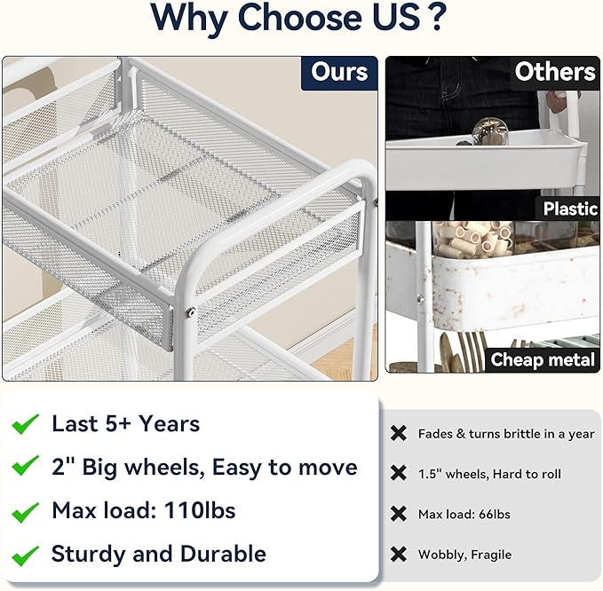 YASONIC 3 Tier Rolling Cart – Metal Utility Storage Carts with Wheels, Craft Carts Organizer with Hanging Cups, Hooks, Mesh Basket for Bedside Kitchen Office Art, White